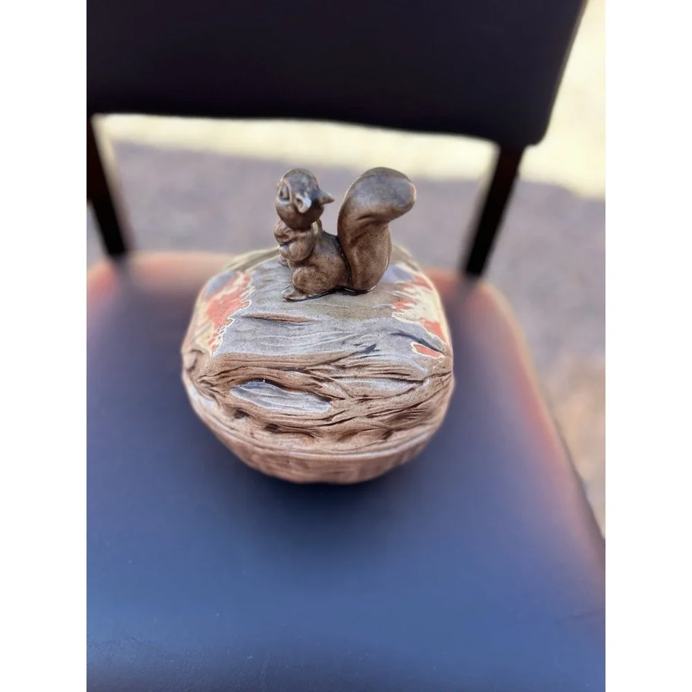 Vintage Signed Ceramic Squirrel Walnut Covered Candy Dish Bowl Handmade 7.5